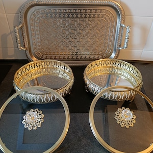 Plateau miroir oriental doré avec couvercle – Décoration vintage élégante – Plateau rond en métal doré pour bijoux, bougies ou table
