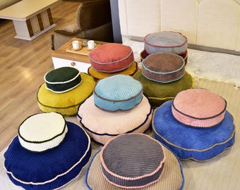 Handmade Round Corduroy Pillow Cover with Piping - Custom Colors
