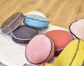 Round Corduroy Pillow Cover: Boho Cushion with Piping