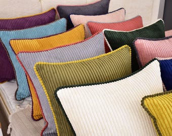 Handmade Colorful Corduroy Pillow Cover: Luxury Throw Pillow with Piping