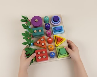Montessori  Toddler Eco-Frendly  Wooden Multi-Colored Geometric Shapes Comes with 41 Pieces