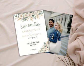 May include: A "Save the Date" card with floral accents and the names Kristine Fisher and Anthony Smith. The card also includes the date August 18, 20XX, and the location, New York. A photo of a couple is next to the card.