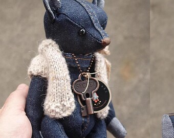 One Of A Kind Recycled Denim Teddy Bear Art Doll by Aerlinn Bears