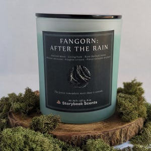 Op de afbeelding: Een mat lichtgroene glazen kaarsenpot met een zwarte deksel. Het zwarte etiket bevat de tekst FANGORN: AFTER THE RAIN, Ancient Moss, Living Fern, Rain-Soaked Stone, Storybook Scents, een afbeelding van boomwortels en 227 g.
