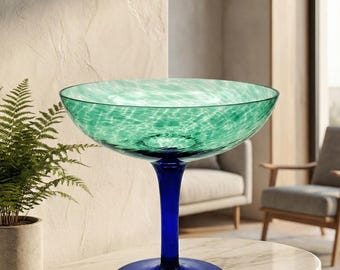 Turquoise and cobalt blue glass bowl on a foot – vintage art glass with a water effect, 17.5 cm