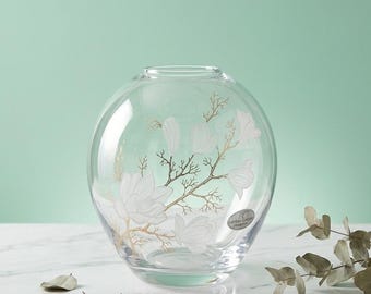 Vintage Ritzenhoff Cristal glass vase with floral decoration in grey and gold – handmade, 19 cm