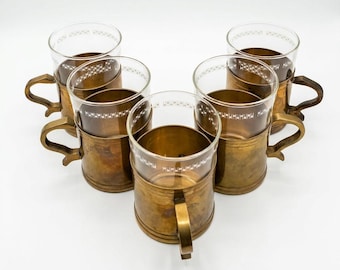 5 tea glasses with brass holders – Schott Mainz Jenaer Glas – Vintage set with patina