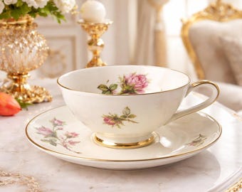 Antique porcelain cup and saucer Z & Co Tirschenreuth Bavaria, rose decoration, gold rim, Bavarian collector's porcelain