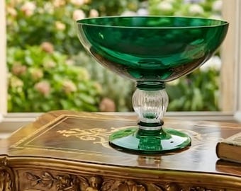 Vintage glass bowl on a footed base – emerald green decorative glass with a clear center section, Mid Century style