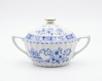 Seltmann Weiden China Blue Sugar Bowl with Lid and Handles – Vintage Porcelain with Gold Rim