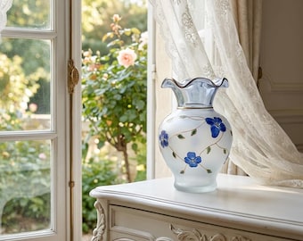 Vintage glass vase with blue flowers and gold decoration – satin-finished Art Nouveau style flower vase – France, circa 1990s/2000s