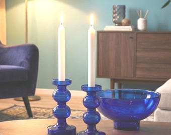 Cobalt blue glass candle holders with tray – 3-piece vintage set, mid-century style, 1970s/80s