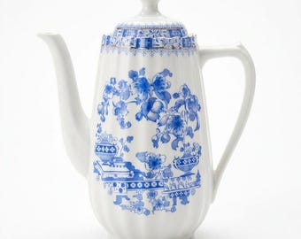 Kronester Bavaria China Blue Coffee Pot with Lid, Vintage Porcelain, Blue and White, 24 cm