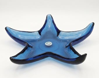 Blue mouth-blown glass bowl in the shape of a starfish from Spain, 26 cm