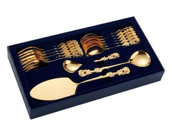 15-piece coffee and cake cutlery set with rose decoration – gold-colored dessert cutlery with cake server in a box