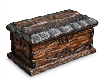 Vintage wooden box with relief decoration – rustic jewelry and storage box – 21 cm