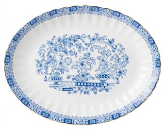 Seltmann Weiden China Blue Serving Platter 32 cm – Oval Vintage Porcelain Platter with Gold Rim