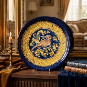 Signerad fransk väggtallrik från Soufflenheim, 1983, handmålad vintagekeramik med fågelmotiv, 33 cm