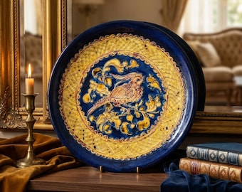 Signed French wall plate from Soufflenheim, 1983, hand-painted vintage ceramic with bird motif, 33 cm