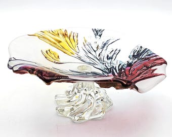 Walther Glass Footed Bowl 21.5 cm – Vintage glass bowl with colored floral relief, Mid Century style