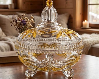 Walther Glas Bonbonniere “Melanie” – Vintage lidded bowl on three feet with golden yellow decoration