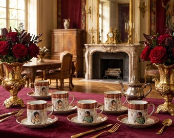 Vintage mocha service Napoleon & Joséphine – 6 cups with saucers – F.D. Porcelaine de Luxe France, 1960s/70s