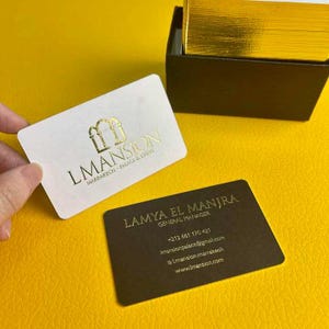 Tarjetas de presentación elegantes con bordes dorados, personalizadas, para LMansion Marrakech Palace & Event, en blanco y negro con lámina dorada, tarjetas profesionales de lujo.