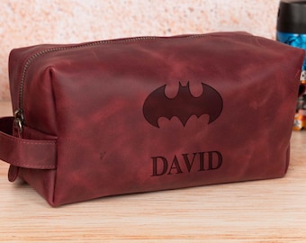 Personalized Leather Superhero Dopp Kit for Him, Travel Shave Bag for Dad, Husband, Christmas Halloween Gift, Graduation, First Anniversary