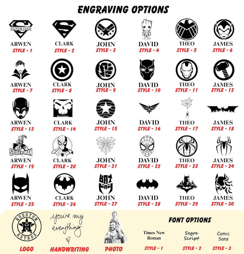 Op de afbeelding: Afbeelding met graveeropties met verschillende superheldenlogo's en tekst, waaronder "Super Dad", "Spider-Man" en "Batman". Bevat ook lettertype-opties zoals Times New Roman en Comic Sans.