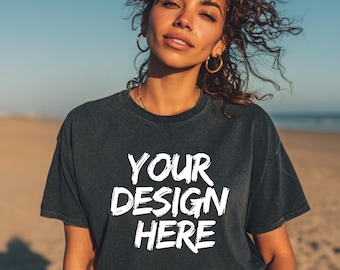 Comfort Colors 1717 Washed Black T Shirt Mockup, Vintage Faded Tee Mockup Beach, CC1717 Dark Aesthetic Shirt Mockup, Woman Model Mockup PNG