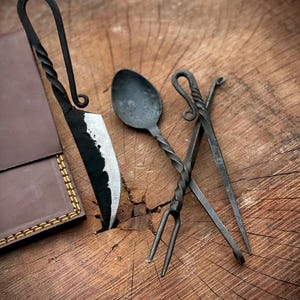 BBQ Cutlery Set | Camping cutlery | Hand forged | Medieval | with bag | gift set | Forged Knife, Rustic Kitchen, Historical Set