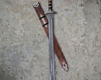 36" Damascus Steel Northman Viking Collectible – Hand-Forged Medieval Display with Wood Scabbard