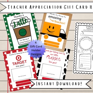 Leraar waardering cadeaukaarthouders met GRATIS bedankkleurpagina, direct downloaden, thuis afdrukken, Amazon, Target, Starbucks
