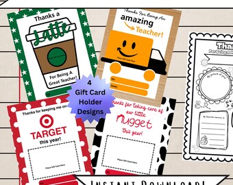 Teacher Appreciation Gift Card Holders: 4 Designs + Coloring Page (Digital Download)