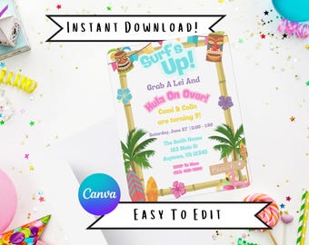 Editable Surf's Up Luau Birthday Invitation (Digital Download)