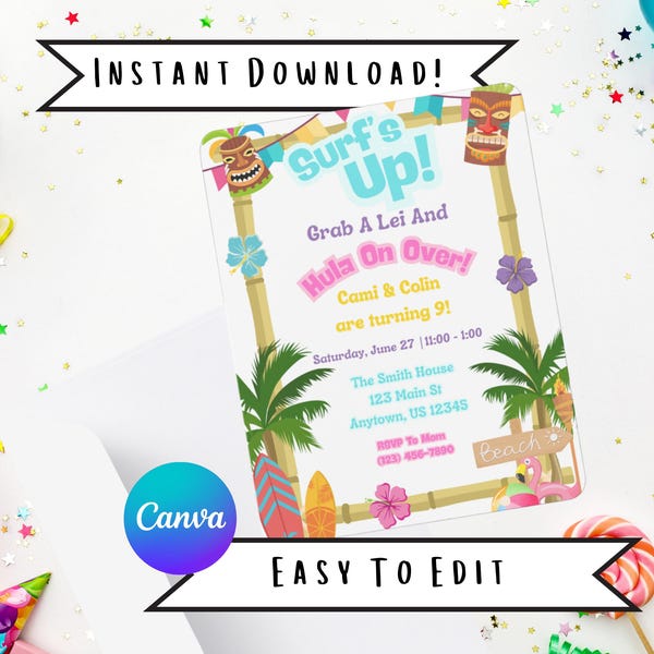 Bewerkbare Surf's Up Luau-verjaardagsuitnodiging (digitale download)