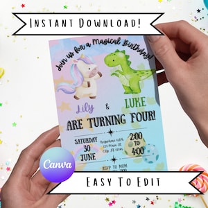 Unicorn and Dinosaur Magical Birthday Party Invitation Template Customizable Instant Download Twins Sibling Unicorns and Dinosaurs Editable