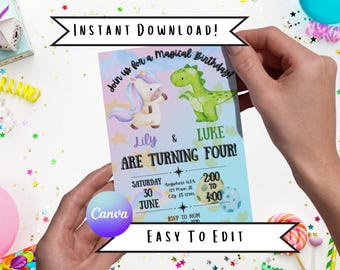 Unicorn Dinosaur Birthday Invitation: Magical Twins Party (Digital Download)