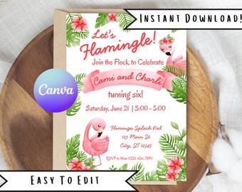 Flamingo Birthday Invitation: Tropical Twin Girls Party (Digital Download)