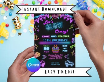 Neon Roller Skate Birthday Invitation: Glow Crazy Party (Editable Canva Template)