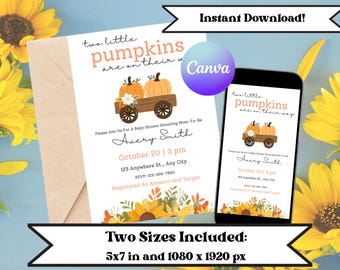 Two Little Pumpkins Twin Baby Shower Invitation: Fall Sunflower Canva Template (Digital Download)