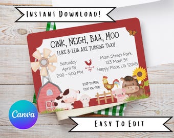 Farm Animals Birthday Invitation: Editable Barnyard Canva Template (Digital Download)