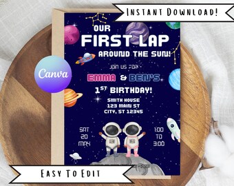 Outer Space First Birthday Invitation: Astronaut Twins (Digital Download)