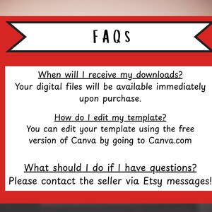 May include: Red and white graphic with the text "FAQs" in black.  The text below explains how to download and edit digital files purchased on Etsy.  The text also explains how to contact the seller if you have questions.