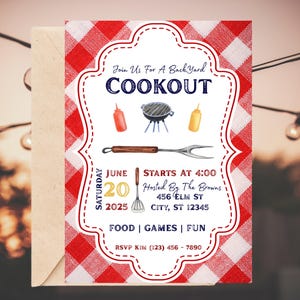 May include: A red and white checkered invitation for a backyard cookout. The invitation says "Join Us For A Backyard Cookout" in blue text. The date is June 20, 2025, and the time is 4:00 PM. The event is hosted by The Browns at 456 Elm St, City, ST 12345. The invitation also includes the text "Food | Games | Fun" and an RSVP number.