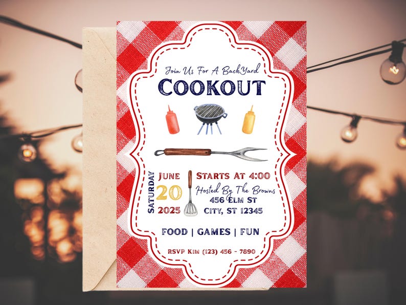 May include: A red and white checkered invitation for a backyard cookout. The invitation says "Join Us For A Backyard Cookout" in blue text. The date is June 20, 2025, and the time is 4:00 PM. The event is hosted by The Browns at 456 Elm St, City, ST 12345. The invitation also includes the text "Food | Games | Fun" and an RSVP number.
