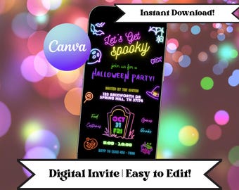 Neon Glow Halloween Party Invitation Template (Digital Download)