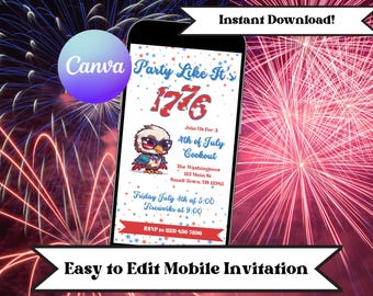 Editable 4th of July Cookout Mobile Invitation: Independence Day Party Canva Template (Digital Download