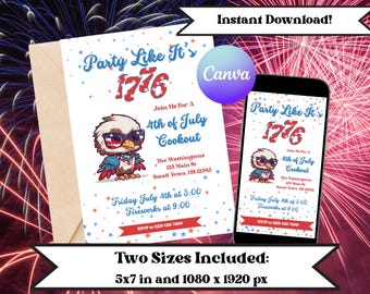 Bewerkbare uitnodiging voor cookout op 4 juli: Canva-sjabloon voor Independence Day Party (digitale download)
