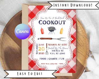 Editable Cookout Invitation: Red Checkered Design (Canva, Instant Download)
